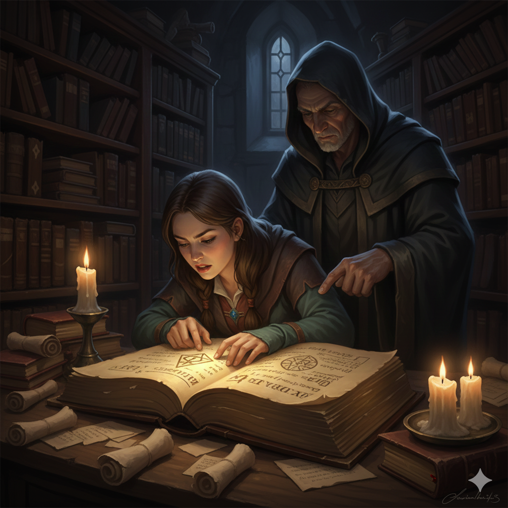 A quiet, atmospheric portrait of a young female magic-user disciple in a candle-lit tower library. She is leaning over a massive, ancient grimoire bound in dark leather, her face a mixture of awe and determination as she traces a glowing arcane symbol with her finger. Standing partially in the shadows behind her is the tall, imposing figure of her elderly robed mentor, whose hand is pointing to a passage in the book. The room is filled with towering shelves of books and scattered scrolls. Digital painting, fantasy portrait, in the style of Baldur's Gate, chiaroscuro lighting, scholarly and mysterious mood.