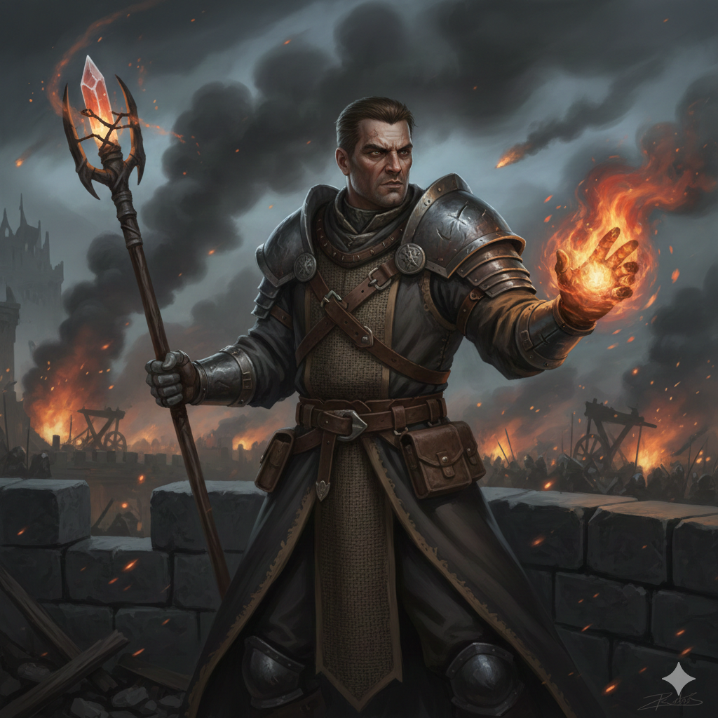 A dynamic portrait of a grim male war caster on the ramparts of a besieged castle. He wears practical, dark mage robes under heavy steel pauldrons and gauntlets. In one hand, he grips a sturdy iron-shod staff, and in the other, a crackling ball of fire is forming, illuminating his intense, focused expression. The background is filled with smoke, distant catapults, and the chaos of battle. Digital painting, fantasy portrait, in the style of Baldur's Gate, dramatic lighting from the spell, rich textures on the metal and cloth.