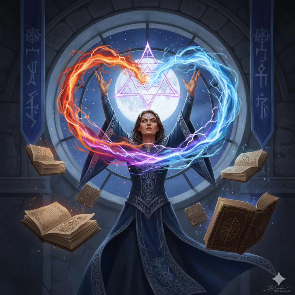 An epic portrait of a powerful female wizard at the apex of her tower. She stands before a large, circular window showing a starry night sky and a full moon. Her arms are raised as she casts a complex spell, with streams of different colored arcane energy—fire, ice, and lightning—swirling around her hands and forming a complex pattern in the air. Her expression is one of pure, focused concentration. Several open spellbooks float around her, pages turning as if by an unseen wind. Digital painting, fantasy portrait, in the style of Baldur's Gate, dramatic magical lighting from the spell, sense of immense power and knowledge.